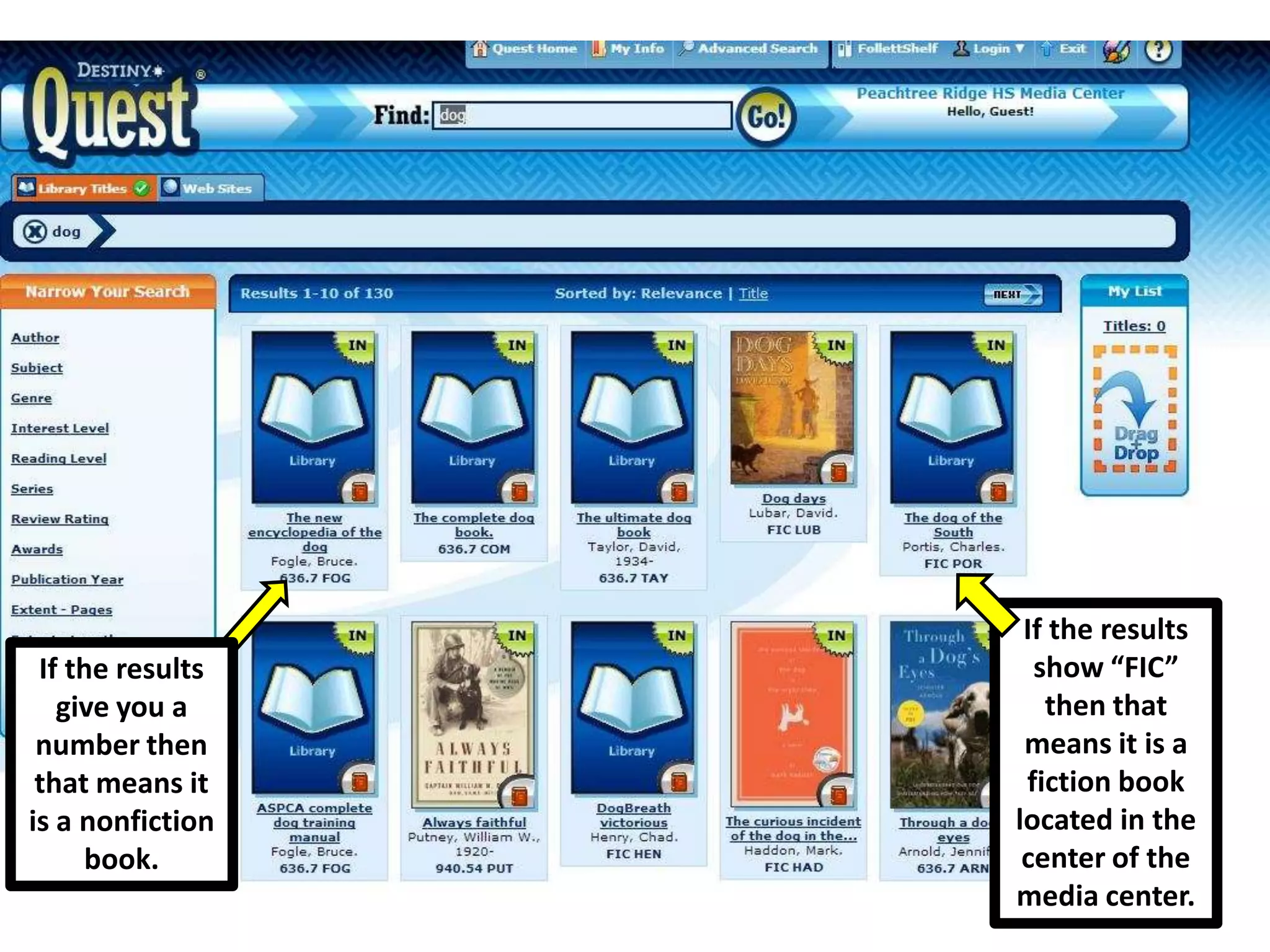 If the results
give you a
number then
that means it
is a nonfiction
book.
If the results
show “FIC”
then that
means it is a
fiction book
located in the
center of the
media center.
 
