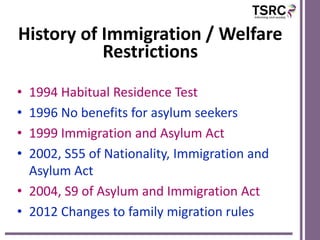 History of Immigration / Welfare
           Restrictions
• 1994 Habitual Residence Test
• 1996 No benefits for asylum seekers
• 1999 Immigration and Asylum Act
• 2002, S55 of Nationality, Immigration and
  Asylum Act
• 2004, S9 of Asylum and Immigration Act
• 2012 Changes to family migration rules
 