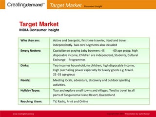 Target Market
INDIA Consumer Insight
Who they are: Active and Energetic, first time traveler, food and travel
independently. Two core segments also included
Empty Nesters: Capitalize on graying baby boomers: 45 - 60 age group, high
disposable income, Children are independent, Students, Cultural
Exchange Programmes
Dinks: Two incomes household, no children, high disposable income,
High purchasing power especially for luxury goods e.g. travel.
25-35 age group
Needs: Meeting locals, adventure, discovery and outdoor sporting
activities.
Holiday Types: Tour and explore small towns and villages. Tend to travel to all
parts of Tangalooma Island Resort, Queensland
Reaching them: TV, Radio, Print and Online
www.creatingdemand.org Copyright 2013-2014 Presentation by: Sachin Bansal
Target Market Consumer Insight
 
