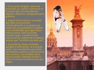 • El escuchar dirigido- antes de
presentar un cuento oralmente se
le puede dar a los estudiantes
algunos objetivos o preguntas para
guiarlos.
• Seguir instrucciones- se puede
dar unas instrucciones
individualmente o en grupo por
medio de una grabadora y pedirle
a los estudiantes que sigan estas
instrucciones. Esto se puede
evaluar luego. Cuando se den
instrucciones oralmente se deberá
aclarar que "se dirán una sola vez".
• Escuchar las ideas centrales,
detalles e inferencias- se le puede
pedir a los estudiantes que estén
pendientes cuando se mencione la
idea central, y los detalles de lo
que escuchen. Deberán anotar y
hacer lo mismo las inferencias que
hagan
 