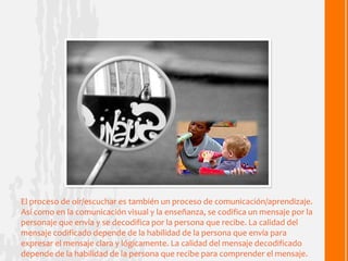 El proceso de oír/escuchar es también un proceso de comunicación/aprendizaje.
Así como en la comunicación visual y la enseñanza, se codifica un mensaje por la
personaje que envía y se decodifica por la persona que recibe. La calidad del
mensaje codificado depende de la habilidad de la persona que envía para
expresar el mensaje clara y lógicamente. La calidad del mensaje decodificado
depende de la habilidad de la persona que recibe para comprender el mensaje.
 