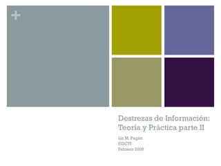 Destrezas de Información: Teoría y Práctica parte II Liz M. Pagán EGCTI Febrero 2009 