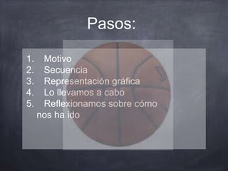 Pasos:
1. Motivo
2. Secuencia
3. Representación gráfica
4. Lo llevamos a cabo
5. Reflexionamos sobre cómo
nos ha ido
 