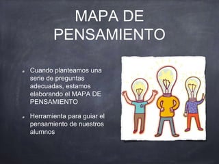 MAPA DE
PENSAMIENTO
Cuando planteamos una
serie de preguntas
adecuadas, estamos
elaborando el MAPA DE
PENSAMIENTO
Herramienta para guiar el
pensamiento de nuestros
alumnos
 