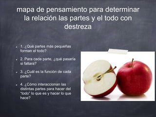 mapa de pensamiento para determinar
la relación las partes y el todo con
destreza
1. ¿Qué partes más pequeñas
forman el todo?
2. Para cada parte, ¿qué pasaría
si faltara?
3. ¿Cuál es la función de cada
parte?
4. ¿Cómo interaccionan las
distintas partes para hacer del
“todo” lo que es y hacer lo que
hace?
 