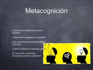 Metacognición
¿Qué tipo de pensamiento hemos
utilizado?
¿Cómo hemos realizado el proceso?
¿Fue una forma correcta de trabajo?
¿Por qué?
¿Cómo lo haremos la próxima vez?
¿En qué otros contenidos
curriculares podemos aplicarlo?
 