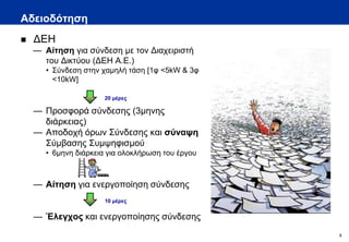 Αδειοδότηση
   ΔΕΗ
    — Αίτηση για σύνδεση με τον Διαχειριστή
      του Δικτύου (ΔΕΗ Α.Ε.)
       • Σύνδεση στην χαμηλή τάση [1φ <5kW & 3φ
         <10kW]

                       20 μέρες

    — Προσφορά σύνδεσης (3μηνης
      διάρκειας)
    — Αποδοχή όρων Σύνδεσης και σύναψη
      Σύμβασης Συμψηφισμού
       • 6μηνη διάρκεια για ολοκλήρωση του έργου



    — Αίτηση για ενεργοποίηση σύνδεσης
                       10 μέρες


    — Έλεγχος και ενεργοποίησης σύνδεσης
                                                   8
 