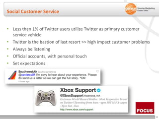Social Customer Service<br />Less than 1% of Twitter users utilize Twitter as primary customer service vehicle<br />Twitte...