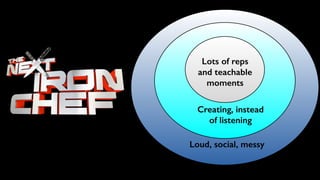 Loud, social, messy
Creating, instead
of listening
Lots of reps
and teachable
moments
 