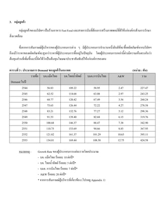 3. กลุมลูกคา
กลุมลูกคาของบริษัทฯ เปนรานอาหาร Fast Food และสายการบินที่ตองการสรางภาพพจนที่ดีใหแกองคกรดานการรักษา
สิ่งแวดลอม
ซึ่งจากการสัมภาษณผูบริหารของผูประกอบการตาง ๆ มีผูประกอบการจํานวนหนึ่งยินดีที่จะซื้อผลิตภัณฑจากบริษัทฯ
ถึงแมวาราคาของผลิตภัณฑจะสูงกวาราคาที่ผูประกอบการซื้ออยูในปจจุบัน โดยผูประกอบการเหลานี้ตางมีความเห็นตรงกันวา
ตนทุนสวนที่เพิ่มขึ้นมานี้จัดไดวาเปนตนทุนโฆษณาประชาสัมพันธใหแกองคกรของตน
ตารางที่ 3 : ประมาณการ Demand ของลูกคาในอนาคต (หนวย : ตัน)
รายชื่อ
Demand ในป
บจ.แม็คไทย บจ.ไทยนํ้าทิพย บมจ.การบินไทย A&W รวม
2544 56.83 109.22 58.95 2.47 227.47
2545 62.52 114.68 63.08 2.97 243.25
2546 68.77 120.42 67.49 3.56 260.24
2547 75.65 126.44 72.22 4.27 278.58
2548 83.21 132.76 77.27 5.12 298.36
2549 91.53 139.40 82.68 6.15 319.76
2550 100.68 146.37 88.47 7.38 342.90
2551 110.75 153.69 94.66 8.85 367.95
2552 121.82 161.37 101.29 10.63 395.11
2553 134.01 169.44 108.38 12.75 424.58
หมายเหตุ : Growth Rate ของผูประกอบการแตละรายโดยประมาณ
- บจ. แม็คไทย รอยละ 10 ตอป*
- บจ. ไทยนํ้าทิพย รอยละ 5 ตอป*
- บมจ. การบินไทย รอยละ 7 ตอป*
- A&W รอยละ 20 ตอป*
* จากการสัมภาษณผูบริหารที่เกี่ยวของ (โปรดดู Appendix 1)
 