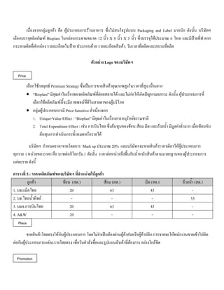 เนื่องจากกลุมลูกคา คือ ผูประกอบการรานอาหาร ซึ่งไมสนใจรูปแบบ Packaging and Label มากนัก ดังนั้น บริษัทฯ
เลือกบรรจุผลิตภัณฑ Bioplast ในกลองกระดาษขนาด 12 นิ้ว X 8 นิ้ว X 5 นิ้ว ซึ่งบรรจุไดประมาณ 6 โหล และมีปายที่ทําจาก
กระดาษติดที่ฝากลอง รายละเอียดในปาย ประกอบดวย รายละเอียดสินคา, วันเวลาที่ผลิตและสถานที่ผลิต
ตัวอยาง Logo ของบริษัทฯ
เลือกใชกลยุทธ Premium Strategy ซึ่งเปนการขายสินคาคุณภาพสูงในราคาที่สูง เนื่องจาก
• “Bioplast” มีคุณคาในเรื่องของผลิตภัณฑที่ยอยสลายได และไมกอใหเกิดปญหามลภาวะ ดังนั้น ผูประกอบการที่
เลือกใชผลิตภัณฑนี้จะมีภาพพจนที่ดีในสายตาของผูบริโภค
• กลุมผูประกอบการมี Price Sensitive ตํ่าเนื่องจาก
1. Unique-Value Effect : “Bioplast” มีคุณคาในเรื่องการอนุรักษธรรมชาติ
2. Total Expenditure Effect : เชน การบินไทย ซึ่งตนทุนของชอน สอม มีด และถวยนํ้า มีมูลคาตํ่ามาก เมื่อเทียบกับ
ตนทุนการดําเนินการทั้งหมดหรือรายได
บริษัทฯ กําหนดราคาขายโดยการ Mark up ประมาณ 20% และบริษัทฯจะขายสินคาราคาเดียวใหผูประกอบการ
ทุกราย ( หนวยของราคา คือ บาทตอกิโลกรัม ) ดังนั้น ราคาตอหนวยจึงขึ้นกับนํ้าหนักสินคาตามมาตรฐานของผูประกอบการ
แตละราย ดังนี้
ตารางที่ 5 : ราคาผลิตภัณฑของบริษัทฯ ที่จําหนายใหลูกคา
ลูกคา ชอน (สต.) สอม (สต.) มีด (สต.) ถวยนํ้า (สต.)
1. บจ.แม็คไทย 20 63 43 -
2. บจ.ไทยนํ้าทิพย - - - 53
3. บมจ.การบินไทย 20 63 43 -
4. A&W 20 - - -
ขายสินคาโดยตรงใหกับผูประกอบการ โดยไมจําเปนตองผานผูคาสงหรือผูคาปลีก การขายจะใหพนักงานขายเขาไปติด
ตอกับผูประกอบการแตละรายโดยตรง เพื่อรับคําสั่งซื้อและรูปแบบสินคาที่ตองการ อยางใกลชิด
Price
Place
Promotion
 