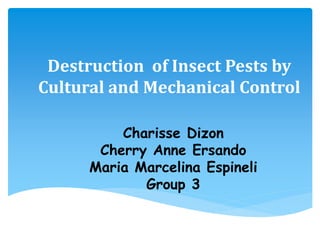 Destruction of Insect Pests by
Cultural and Mechanical Control
Charisse Dizon
Cherry Anne Ersando
Maria Marcelina Espineli
Group 3
 