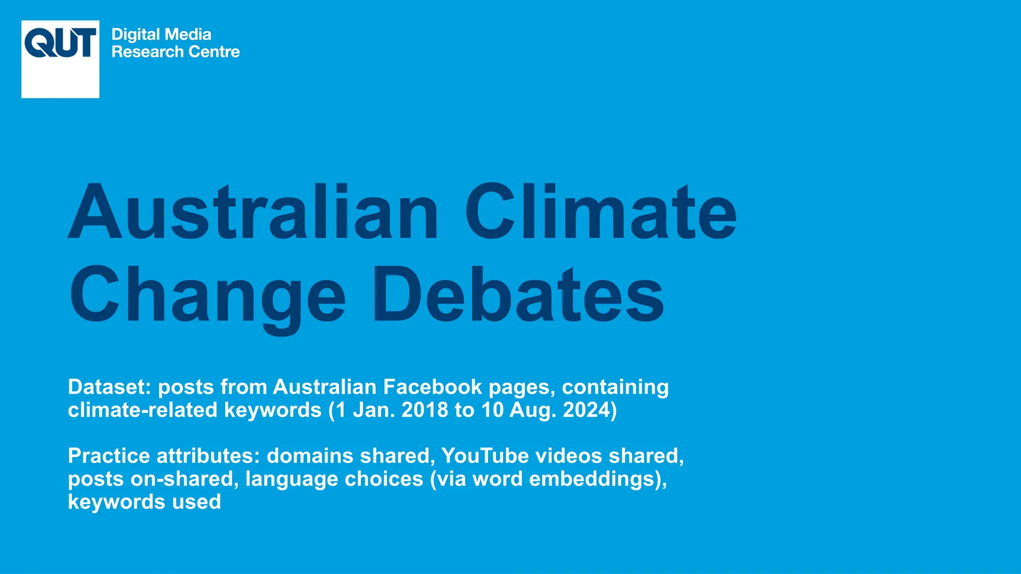 CRICOS No.00213J
Dataset: posts from Australian Facebook pages, containing
climate-related keywords (1 Jan. 2018 to 10 Aug. 2024)
Practice attributes: domains shared, YouTube videos shared,
posts on-shared, language choices (via word embeddings),
keywords used
Australian Climate
Change Debates
 