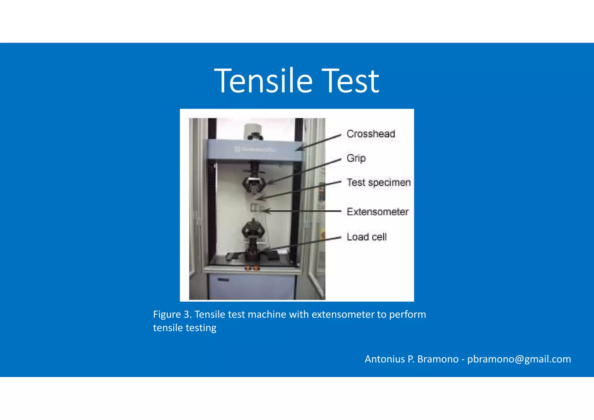 Figure 3. Tensile test machine with extensometer to perform
tensile testing
Tensile Test
Antonius P. Bramono - pbramono@gmail.com
 