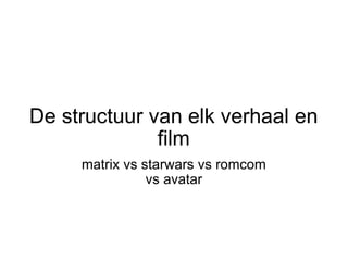De structuur van elk verhaal en film matrix vs starwars vs romcom vs avatar 