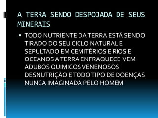 A TERRA SENDO DESPOJADA DE SEUS
MINERAIS
 TODO NUTRIENTE DATERRA ESTÁ SENDO
TIRADO DO SEU CICLO NATURAL E
SEPULTADO EM CEMITÉRIOS E RIOS E
OCEANOSATERRA ENFRAQUECE VEM
ADUBOS QUIMICOSVENENOSOS
DESNUTRIÇÃO ETODOTIPO DE DOENÇAS
NUNCA IMAGINADA PELO HOMEM
 