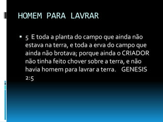 HOMEM PARA LAVRAR
 5 E toda a planta do campo que ainda não
estava na terra, e toda a erva do campo que
ainda não brotava; porque ainda o CRIADOR
não tinha feito chover sobre a terra, e não
havia homem para lavrar a terra. GENESIS
2:5
 