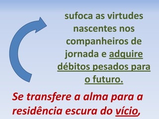 Se transfere a alma para a
residência escura do vício,
sufoca as virtudes
nascentes nos
companheiros de
jornada e adquire
débitos pesados para
o futuro.
 