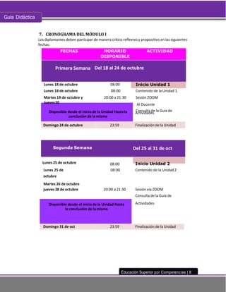Guía Didáctica
Educación Superior por Competencias | 8
Segunda Semana Del 25 al 31 de octubre
Disponible desde el inicio de la Unidad Hastala
conclusión de la misma
Actividades
Domingo 24 de octubre 23:59 Finalización de la Unidad
CRONOGRAMA DEL MÓDULO I
Los diplomantes deben participar de manera crítico reflexivo y propositivo en las siguientes
fechas:
FECHAS HORARIO
DISPONIBLE
ACTIVIDAD
Primera Semana Del 18 al 24 de octubre
Lunes 18 de octubre 08:00 Inicio Unidad 1
Lunes 18 de octubre 08:00 Contenido de la Unidad 1
Martes 19 de octubre y
Jueves20
20:00 a 21:30 Sesión ZOOM
Al Docente
Consulta de la Guía de
Lunes 25 de octubre
Lunes 25 de
octubre
Martes 26 de octubre
08:00
08:00
Inicio Unidad 2
Contenido de la Unidad 2
jueves 28 de octubre 20:00 a 21:30 Sesión vía ZOOM
Consulta de la Guía de
Disponible desde el inicio de la Unidad Hasta
la conclusión de lamisma
Actividades
Domingo 31 de oct 23:59 Finalización de la Unidad
 