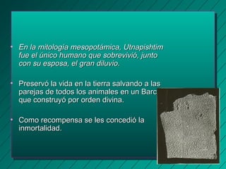 • En la mitología mesopotámica, UUttnnaappiisshhttiimm 
ffuuee eell úúnniiccoo hhuummaannoo qquuee ssoobbrreevviivviióó,, jjuunnttoo 
ccoonn ssuu eessppoossaa,, eell ggrraann ddiilluuvviioo.. 
• PPrreesseerrvvóó llaa vviiddaa eenn llaa ttiieerrrraa ssaallvvaannddoo aa llaass 
ppaarreejjaass ddee ttooddooss llooss aanniimmaalleess eenn uunn BBaarrccoo 
qquuee ccoonnssttrruuyyóó ppoorr oorrddeenn ddiivviinnaa.. 
• CCoommoo rreeccoommppeennssaa ssee lleess ccoonncceeddiióó llaa 
iinnmmoorrttaalliiddaadd.. 
 