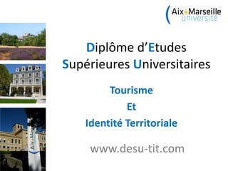 Diplôme d’Etudes
Supérieures Universitaires
         Tourisme
             Et
    Identité Territoriale

     www.desu-tit.com
 