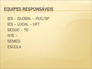    IES – GLOBAL – PUC/SP
   IES – LOCAL – UFT
   SEDUC – TO
   NTE –
   SEMED
   ESCOLA
 