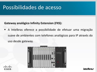 Possibilidades de acesso
Gateway analógico Infinity Extension (FXS):
 A Intelbras oferece a possibilidade de efetuar uma migração
suave de ambientes com telefones analógicos para IP através do
uso desde gateway.
 