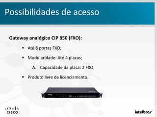 Gateway analógico CIP 850 (FXO):
 Até 8 portas FXO;
 Modularidade: Até 4 placas;
A. Capacidade da placa: 2 FXO;
 Produto livre de licenciamento.
Possibilidades de acesso
 