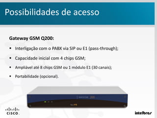 Gateway GSM Q200:
 Interligação com o PABX via SIP ou E1 (pass-through);
 Capacidade inicial com 4 chips GSM;
 Ampliável até 8 chips GSM ou 1 módulo E1 (30 canais);
 Portabilidade (opcional).
Possibilidades de acesso
 