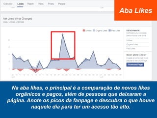 Na aba likes, o principal é a comparação de novos likes
orgânicos e pagos, além de pessoas que deixaram a
página. Anote os picos da fanpage e descubra o que houve
naquele dia para ter um acesso tão alto.
Aba Likes
 