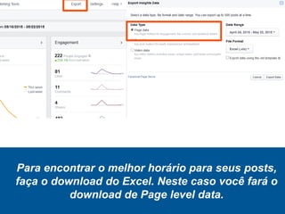 Para encontrar o melhor horário para seus posts,
faça o download do Excel. Neste caso você fará o
download de Page level data.
 