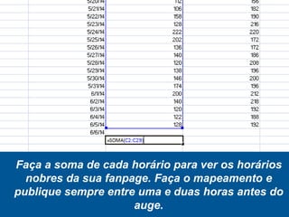 Faça a soma de cada horário para ver os horários
nobres da sua fanpage. Faça o mapeamento e
publique sempre entre uma e duas horas antes do
auge.
 