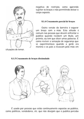 negativa de restrição, como qu
erendo
sujeitar os braços e não permitindo deixar o
corpo exposto.
8.1.4 Cruzamento parcial de braços
Outra versão da barreira é segurar
um braço com a mão. Esta atitude é
comum nas pessoas que devem enfrentar o
publico quando recebem um título, um
prêmio, ou tem que dizer umas palavras. É
como reviver a sensação de segurança que
se experimentava quando a gent
e era
menino e os pais o levavam pela mão em
situações de temor.
8.1.5 Cruzamento de braços dissimulado
É usado por pessoas que estão continuamente expostas ao público,
como políticos, vendedores, etc. que não desejam que o publico perceba
 