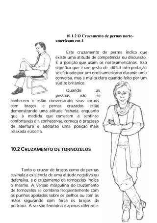 10.1.2 O Cruzamento de pernas norte-
americano em 4
Este cruzamento de pernas indica que
existe uma atitude de competência ou discussão.
É a posição que usam os norte-americanos. Isso
significa que é um gesto de difícil interpretação
se efetuado por um norte-americano durante uma
conversa, mas é muito claro quando feito por um
súdito britânico.
Quando as
pessoas não se
conhecem e estão conversando, seus corpos
com braços e pernas cruzadas estão
demonstrando uma atitude fechada, enquanto
que à medida que comecem a sentir-se
confortáveis e a conhecer-se, começa o processo
de abertura e adotarão uma posição mais
relaxada e aberta.
10.2 CRUZAMENTO DE TORNOZELOS
Tanto o cruzar de braços como de pernas
assinala a existência de uma atitude negativa ou
defensiva, e o cruzamento de tornozelos indica
o mesmo. A versão masculina do cruzamento
de tornozelos se combina freqüentemente com
os punhos apoiados sobre os joelhos ou com as
mãos segurando com força os braços da
poltrona. A versão feminina é apenas diferente:
 