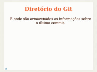 14 
Diretório do Git 
É onde são armazenados as informações sobre 
o último commit. 
 