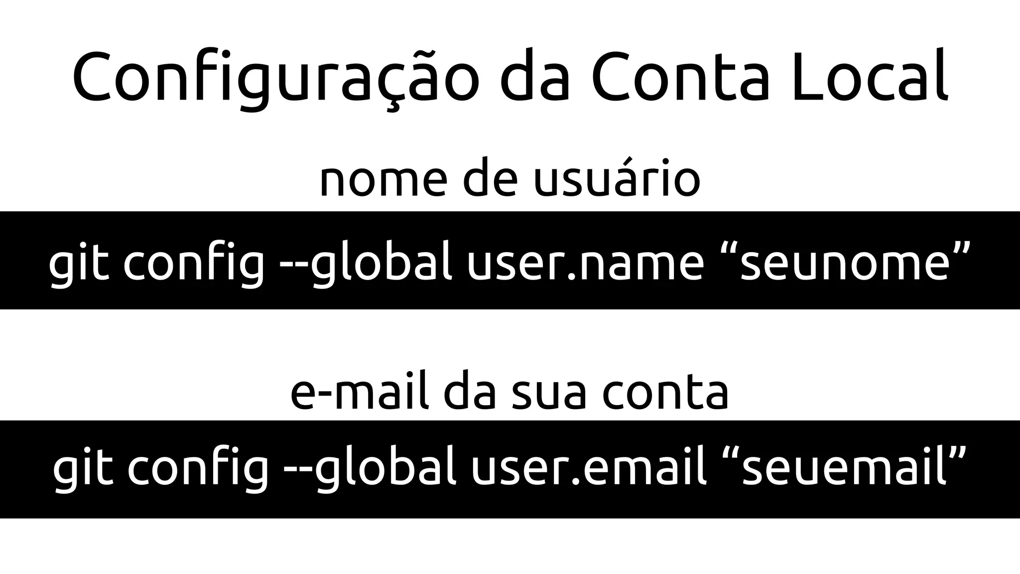 Configuração da Conta Local
git config --global user.name “seunome”
nome de usuário
git config --global user.email “seuemail”
e-mail da sua conta
 