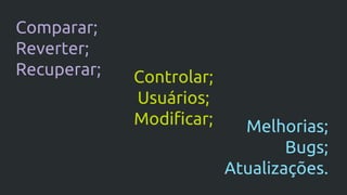 Comparar;
Reverter;
Recuperar; Controlar;
Usuários;
Modificar; Melhorias;
Bugs;
Atualizações.
 