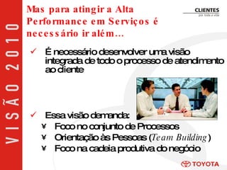 É necessário desenvolver uma visão integrada de todo o processo de atendimento ao cliente Essa visão demanda: Foco no conjunto de Processos Orientação às Pessoas ( Team Building ) Foco na cadeia produtiva do negócio Mas para atingir a Alta Performance em Serviços é necessário ir além… 