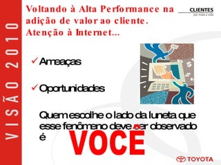 Ameaças Oportunidades Quem escolhe o lado da luneta que esse fenômeno deve ser observado é VOCÊ Voltando à Alta Performance na adição de valor ao cliente. Atenção à Internet... 