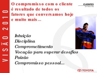 Intuição Disciplina Comprometimento Vocação para superar desafios Paixão Compromisso pessoal... O compromisso com o cliente é resultado de todos os fatores que conversamos hoje e muito mais... 