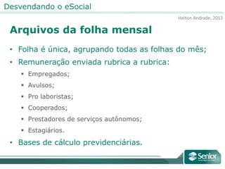 Helton Andrade, 2013
Desvendando o eSocial
Arquivos da folha mensal
• Folha é única, agrupando todas as folhas do mês;
• Remuneração enviada rubrica a rubrica:
 Empregados;
 Avulsos;
 Pro laboristas;
 Cooperados;
 Prestadores de serviços autônomos;
 Estagiários.
• Bases de cálculo previdenciárias.
 