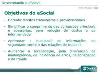 Helton Andrade, 2013
Desvendando o eSocial
Objetivos do eSocial
• Garantir direitos trabalhistas e previdenciários
• Simplificar o cumprimento das obrigações principais
e acessórias, para redução de custos e da
informalidade
• Aprimorar a qualidade de informações da
seguridade social e das relações de trabalho
• Aumentar a arrecadação, pela diminuição da
inadimplência, da incidência de erros, da sonegação
e da fraude
 