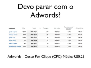 Devo parar com o
         Adwords?




Adwords - Custo Por Clique (CPC) Médio: R$0,25
 
