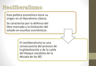 Esta política económica tiene su
origen en el liberalismo clásico.
Se caracteriza por la defensa del
libre mercado y la limitación del
estado en asuntos económicos.
El neoliberalismo es una
consecuencia del proceso de
la globalización y de la caída
del bloque socialista de la
década de los 80'.