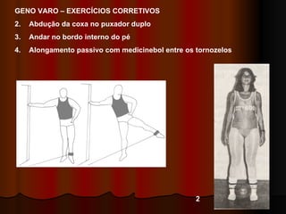 GENO VARO – EXERCÍCIOS CORRETIVOS Abdução da coxa no puxador duplo Andar no bordo interno do pé Alongamento passivo com medicinebol entre os tornozelos 1 2 