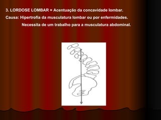 3. LORDOSE LOMBAR = Acentuação da concavidade lombar. Causa: Hipertrofia da musculatura lombar ou por enfermidades. Necessita de um trabalho para a musculatura abdominal. 