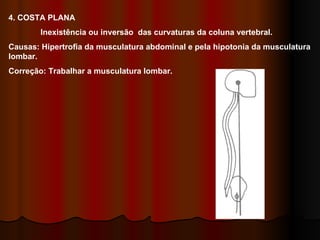 4. COSTA PLANA  Inexistência ou inversão  das curvaturas da coluna vertebral. Causas: Hipertrofia da musculatura abdominal e pela hipotonia da musculatura lombar. Correção: Trabalhar a musculatura lombar. 