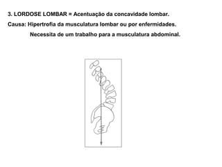 3. LORDOSE LOMBAR = Acentuação da concavidade lombar.
Causa: Hipertrofia da musculatura lombar ou por enfermidades.
        Necessita de um trabalho para a musculatura abdominal.
 