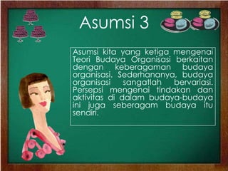 Asumsi 3
Asumsi kita yang ketiga mengenai
Teori Budaya Organisasi berkaitan
dengan keberagaman budaya
organisasi. Sederhananya, budaya
organisasi sangatlah bervariasi.
Persepsi mengenai tindakan dan
aktivitas di dalam budaya-budaya
ini juga seberagam budaya itu
sendiri.
 