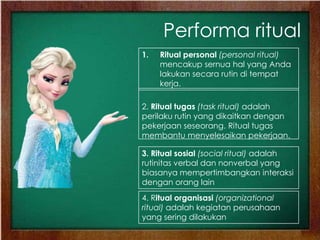 Performa ritual
2. Ritual tugas (task ritual) adalah
perilaku rutin yang dikaitkan dengan
pekerjaan seseorang. Ritual tugas
membantu menyelesaikan pekerjaan.
1. Ritual personal (personal ritual)
mencakup sernua hal yang Anda
lakukan secara rutin di tempat
kerja.
3. Ritual sosial (social ritual) adalah
rutinitas verbal dan nonverbal yang
biasanya mempertimbangkan interaksi
dengan orang lain
4. Ritual organisasi (organizational
ritual) adalah kegiatan perusahaan
yang sering dilakukan
 